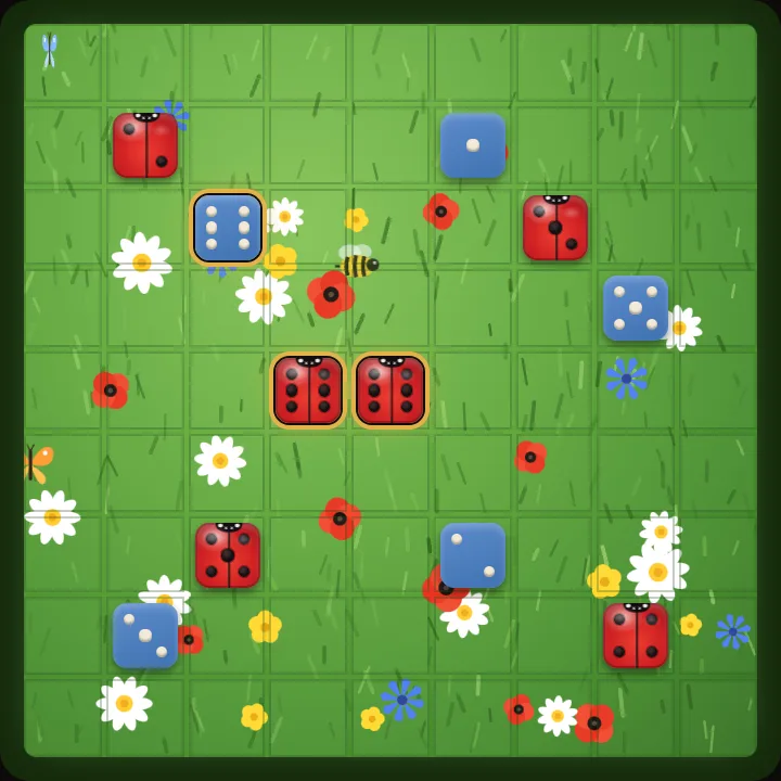 The Flower Meadow board with the Ladybug die in the middle of a match.
