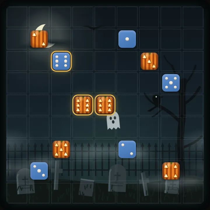 The Graveyard board with the Jack-o’-Lantern die in the middle of a match.