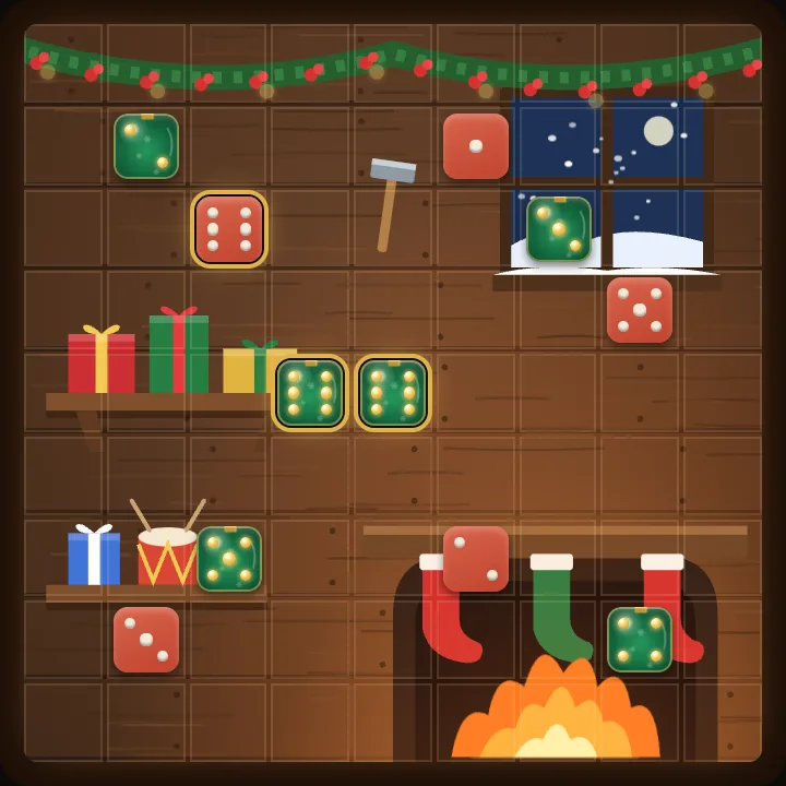 The Elves’ Workshop board with the Christmas Bauble die in the middle of a match.